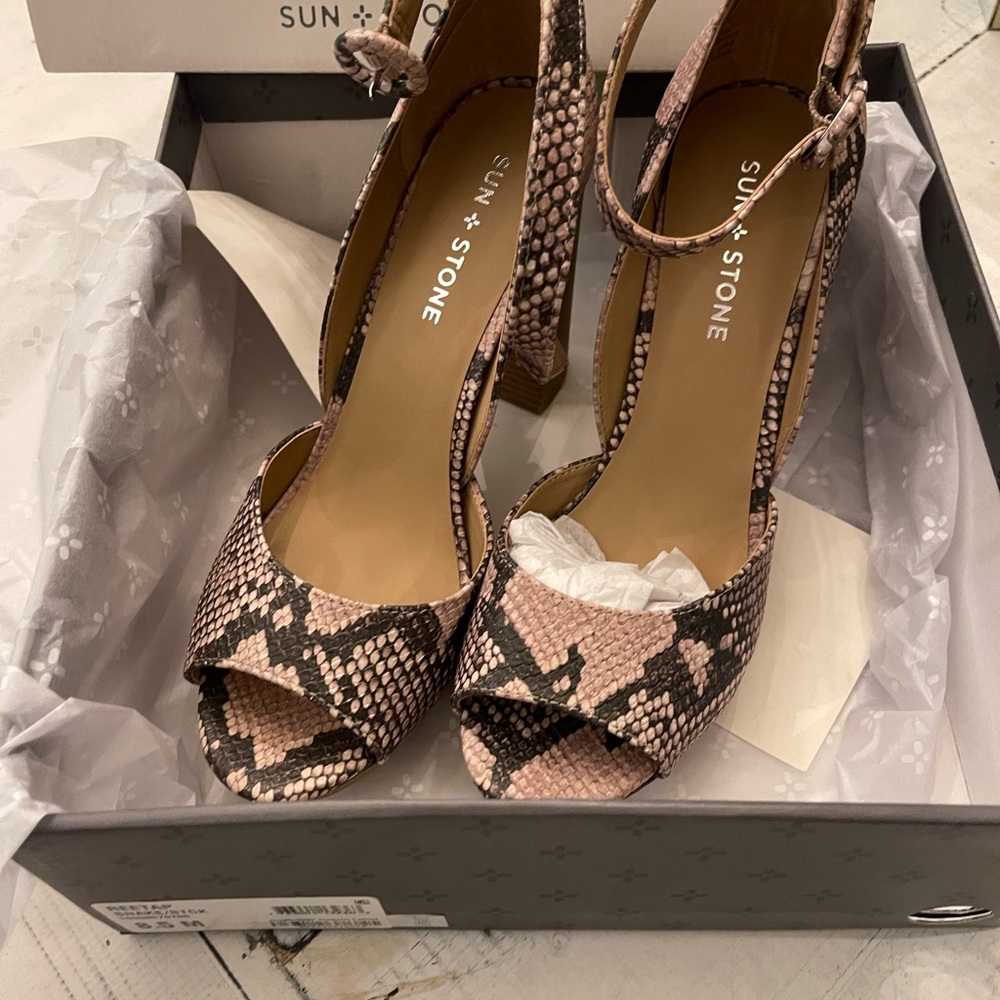 Snake print, open toe heels. 8.5. Macys